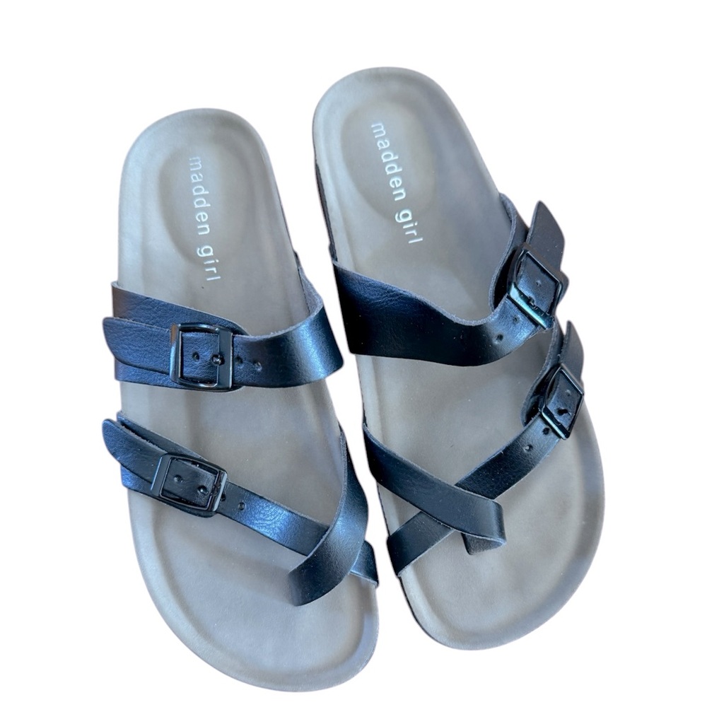 Madden girl women’s black leather style open toe sandals, size 7
Brand new!